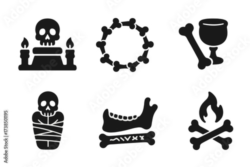 Bone Ritual Icons. Solid, filled icon set of bone-related rituals: skull altar, bone circle, marrow cup, bone drum, bound remains, sacrificial jaw, engraved
