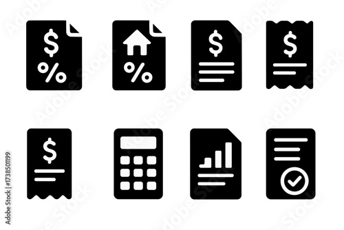 Financial Document Icons. Solid, filled icon set of interest rate documentation: loan agreement, mortgage document, bank statement, invoice, receipt,