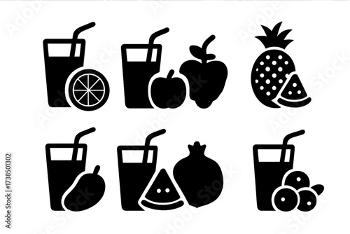 Fruit Juice Icons. Solid, filled icon set of fruit juices: orange juice, apple juice, grape juice, pineapple juice, mango juice, watermelon juice, pomegranate