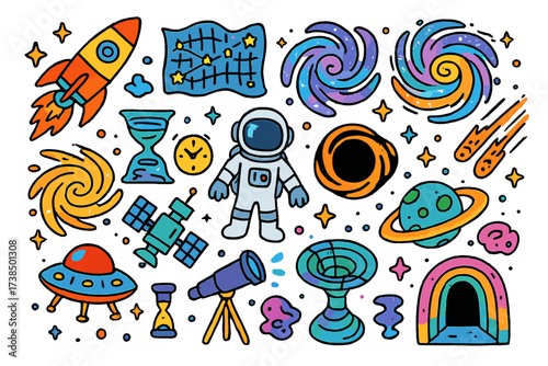 Intergalactic Adventure Icons. Intergalactic. Colorful Hand-drawn doodle Children illustration Spaceship, wormhole, star map, galaxy spiral, black hole, time