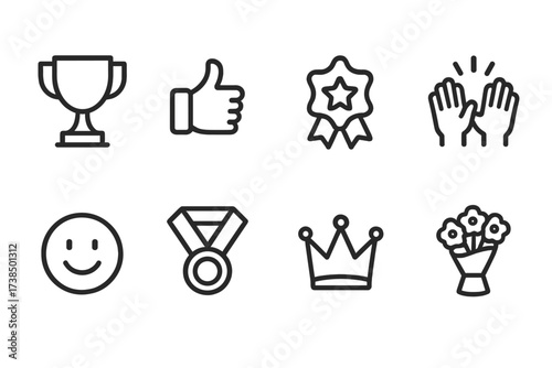 Praise Icon Set. Outline icon set of compliments and praise: trophy, thumbs up, star badge, applause hands, smiling emoji, medal ribbon, crown, bouquet of