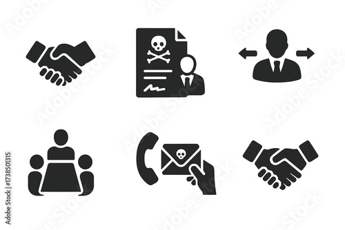 Blackmail Negotiation Icons. Solid, filled icon set of blackmail negotiation: handshake, contract, lawyer, mediator, meeting table, phone call, secret deal,