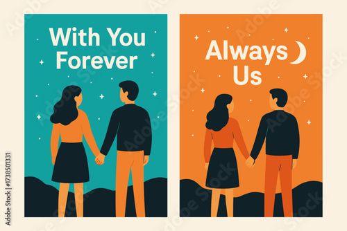Starry Night Banners. Togetherness. Two vertical A6 banners, flat vector design, turquoise and orange backgrounds, couple holding hands beneath a starry sky,