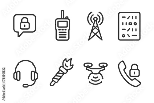 Field Agent Icon Set. Outline icon set of field agent communication: encrypted chat, walkie-talkie, radio tower, coded message, headset, signal flare, drone