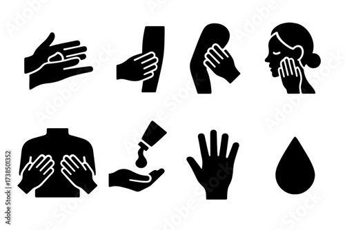 Lotion Application Icons. Solid, filled icon set of lotion application: hand applying lotion, arm rubbing, leg moisturizing, face dabbing, body massage, palm