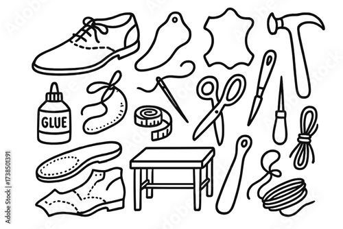 Custom Shoe Tools. Hand-drawn doodle illustration custom shoes shoe last, leather, hammer, needle and thread, scissors, glue, measuring tape, awl, shoe sole,