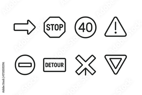 Road Sign Icons. Outline icon set of road signs and signals: arrow sign, stop sign, speed limit, caution sign, no entry, detour, railroad crossing, yield. Line