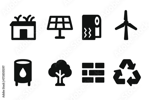 Sustainable Building Icons. Solid, filled icon set of sustainable building: green roof, solar panel, insulation, wind turbine, rainwater tank, tree, brick