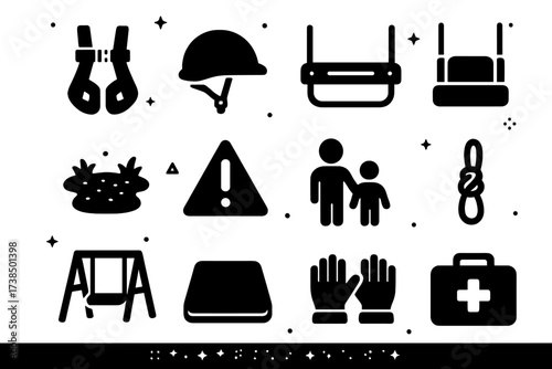 Swing Safety Icons. Swing safety. Solid icons set of safety harness, helmet, safety bar, cushioned seat, soft ground, warning sign, adult supervision, secure