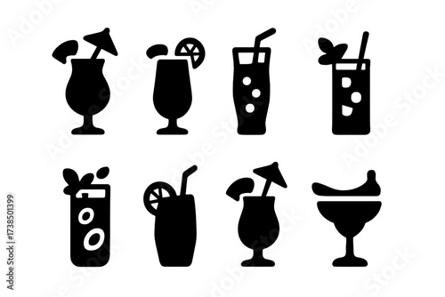 Tropical Cocktail Icons. Solid, filled icon set of tropical cocktails: pina colada, mai tai, blue lagoon, zombie, mojito, rum punch, painkiller, banana