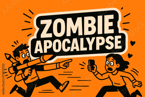 Zombie Apocalypse Banner. ZombieApocalypse banner, flat vector illustration, bold oversized text inside sticker outline shape, cartoon characters running and