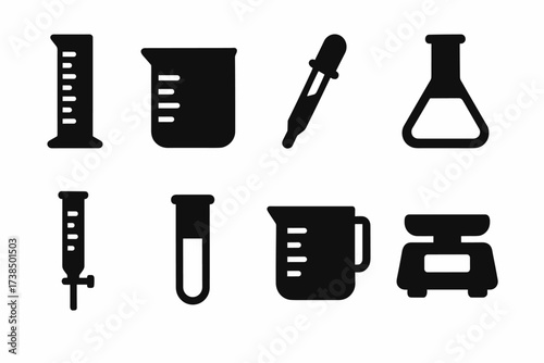 Scientific Measuring Tools Icons. Solid, filled icon set of scientific measuring tools: graduated cylinder, beaker, pipette, volumetric flask, burette, test