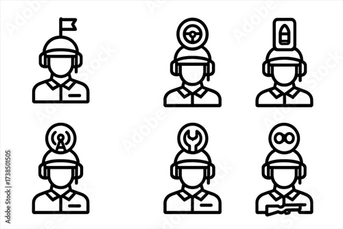 Tank Crew Icons. Outline icon set of tank crew roles: commander, driver, gunner, loader, radio operator, mechanic, scout, sniper. Line icons in only black