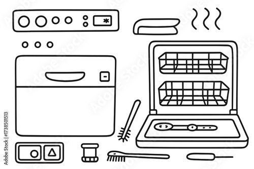 Dishwasher Components Illustration. Hand-drawn doodle illustration Dishwasher door control elements control panel, buttons, indicator lights, display screen,
