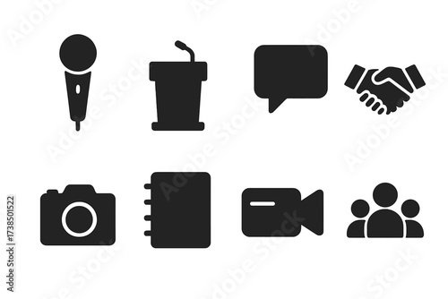 Spokesperson Tools Icons. Solid, filled icon set of spokesperson tools: microphone, podium, speech bubble, handshake, camera, notebook, video camera, audience.