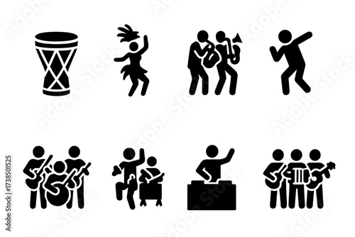 Rhythm Cultural Icon Grid. Solid, filled icon set of rhythm cultural symbols: tribal drum, samba dancer, jazz band, hip hop dancer, rock band, classical
