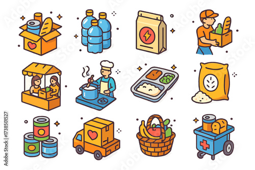 Food Relief Icons. Food relief. Colorful isometric vector icons set of food relief: food boxes, water bottles, nutrition packs, volunteer delivering food,