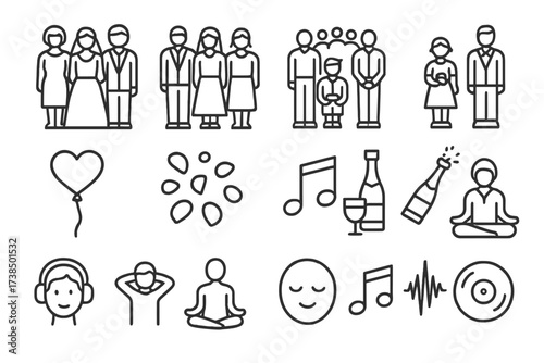Outline Icon Collection. Outline icon set of vows family and friends: bride with parents, groom with parents, wedding guests, flower girl, ring bearer, best