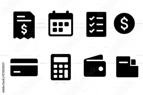 Billing Plan Icons. Solid, filled icon set of billing plan: invoice, calendar, checklist, dollar sign, credit card, calculator, wallet, document folder. [Line
