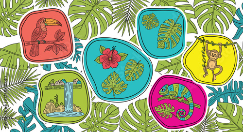 Colorful jungle-themed vector with toucan, monkey, chameleon, waterfall, hibiscus, tropical leaves, rainforest animals, vibrant nature illustration, exotic ecosystem design