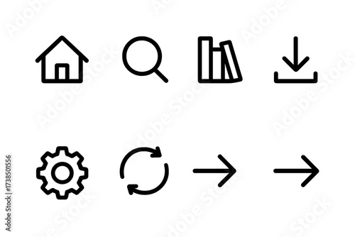 E-Reader Icons Grid. Outline icon set of e-reader navigation: home screen, search icon, library, download button, settings gear, sync icon, back arrow, forward