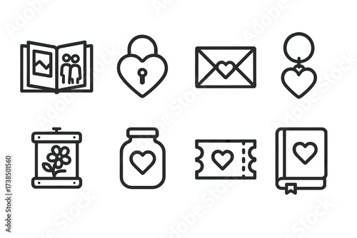 Romantic Memory Icons. Outline icon set of romantic walk memories: photo album, heart-shaped lock, love letter, souvenir keychain, flower press, memory jar,