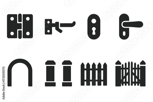 Gate Component Icons. Solid, filled icon set of gate components: hinges, latch, lock, keyhole, handle, archway, pillars, fence. [Line icons in only black