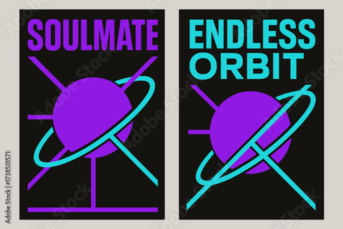 Soulmate Endless Orbit. Soulmate. Two vertical A6 banners, brutalist style, neon purple and cyan, bold geometric planet and connected lines, first banner with