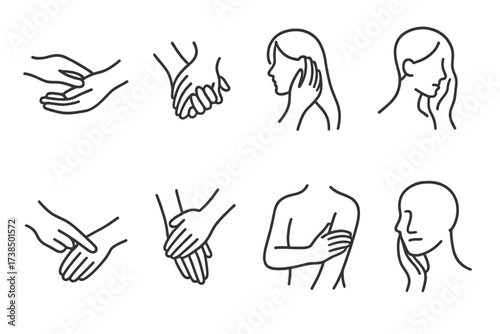 Soft Interaction Icons. Outline icon set of soft interactions: hand holding palm, fingers intertwined, hand stroking hair, gentle finger touch, palm on wrist,