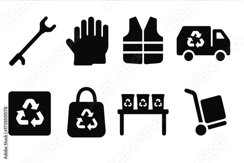 Recycling Tools Icons. Solid, filled icon set of recycling tools: trash picker, gloves, safety vest, recycling truck, bins label, eco bag, sorting table, hand