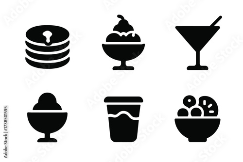 Black Syrup Icons. Solid, filled icon set of syrup uses: pancake stack, ice cream sundae, cocktail glass, coffee cup, dessert bowl, yogurt cup, waffle, fruit