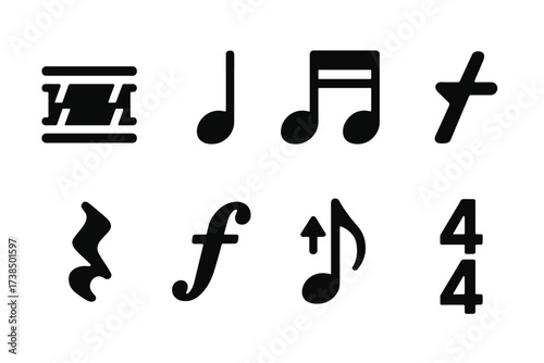 Drumroll Notation Icons. Solid, filled icon set of drumroll notation symbols: roll mark, grace note, flam, accent, rest, dynamics, tempo, time signature.