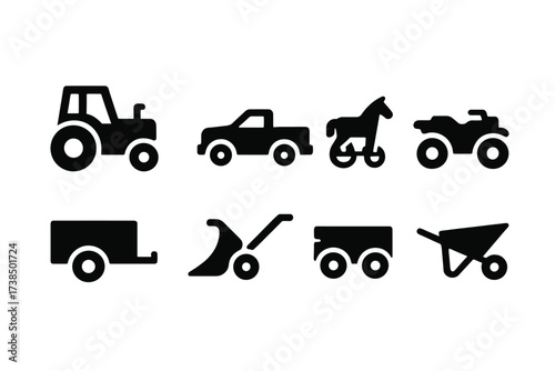 Landowner Transport Icons. Solid, filled icon set of landowner transportation: tractor, pickup truck, horse carriage, ATV, trailer, plow, wagon, wheelbarrow.