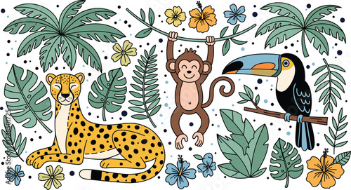 Colorful jungle wildlife vector with cheetah, monkey, toucan, tropical leaves, flowers, and playful rainforest animals in cartoon style
