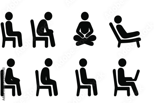 Seating Pose Icons. Solid, filled icon set of seating positions: upright sitting, slouched seat, cross-legged, feet up, reclined, edge sitting,