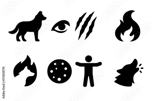 Feral Transformation Icons. Solid, filled icon set of feral transformation: wolf silhouette, wild eye, claw scratch, hair swirl, animal soul, full moon blaze,