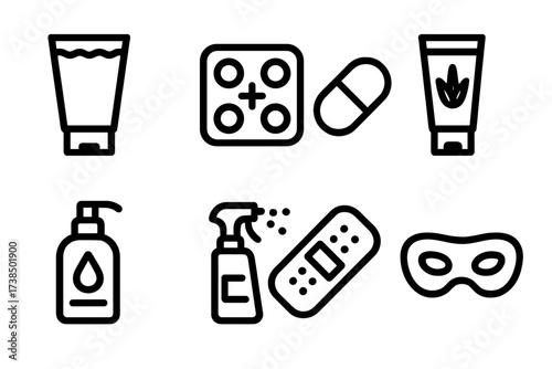 Irritation Treatment Icons. Solid, filled icon set of irritation treatment: soothing cream, cold compress, antihistamine pill, aloe vera gel, hydrating lotion,