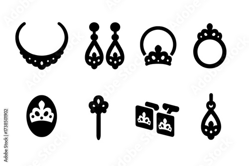 Jewelry Icon Set. Solid, filled icon set of tiara related jewelry: necklace, earrings, bracelet, ring, brooch, hairpin, cufflinks, pendant. Solid, filled icons