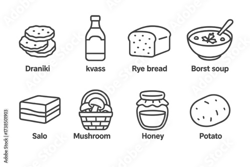 Belarusian Icon Outline. Outline icon set of Belarusian food: draniki pancakes, kvass bottle, rye bread, borscht soup, salo (pork fat), mushroom basket, honey