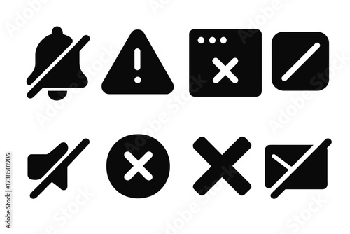 Notification Icon Grid. Solid, filled icon set of shutdown notification: bell off, alert badge, popup window, notification off, mute symbol, cancel icon, cross