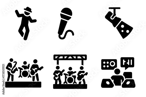 Funk Performance Icons. Solid, filled icon set of funk performance: stage dance, microphone, crowd, spotlight, jam session, band setup, live mixing, stage