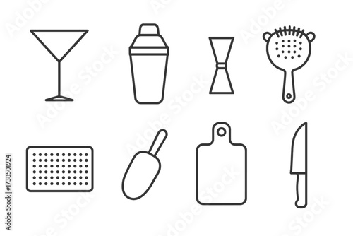 Cocktail Bar Essentials. Outline icon set of bar setup: cocktail glass, shaker, jigger, strainer, bar mat, ice scoop, cutting board, knife. [Line icons in only