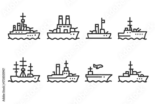 Historical Battleship Icons. Outline icon set of battleship historical: classic battleship, dreadnought, ironclad, battlecruiser, frigate, cruiser, aircraft