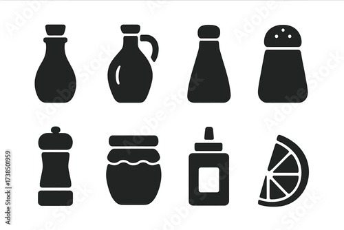 Salad Dressing Icons. Solid, filled icon set of salad dressings: vinaigrette bottle, olive oil, balsamic vinegar, salt shaker, pepper grinder, honey jar,