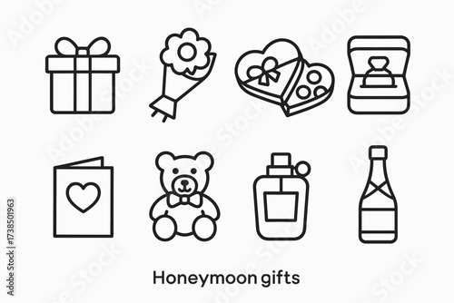 Honeymoon Gifts Icons. Outline icon set of honeymoon gifts: gift box, flower bouquet, chocolate box, jewelry, greeting card, teddy bear, perfume, champagne