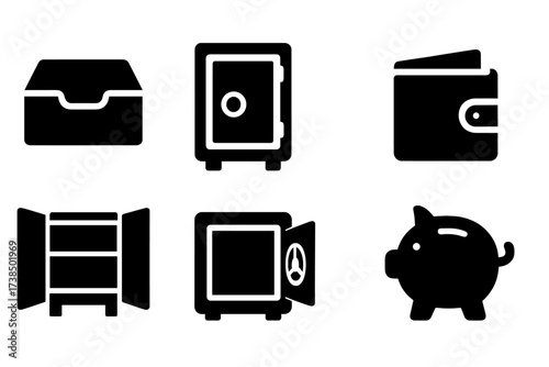 Empty Safe Icons. Solid, filled icon set of safe contents: empty drawer, open locker, clear deposit box, empty wallet, vacant cabinet, open briefcase, open