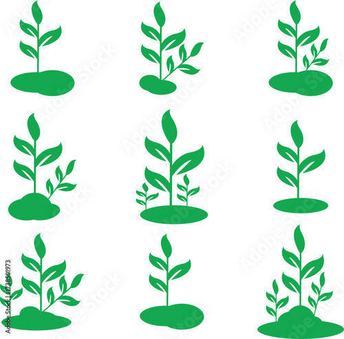 Set of nine green tree saplings growing from soil iconic growth stages natural environment element vector