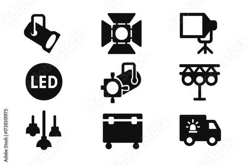 Lighting Logos Grid. Solid, filled icon set of spotlight brands and logos: generic spotlight, theater lighting logo, concert lighting logo, photography light