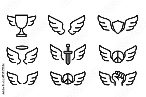 Elegant Wing Icons. Outline icon set of winged symbols: victory wings, freedom wings, guardian wings, speed wings, angelic wings, warrior wings, peace wings,