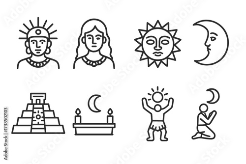 Sun and Moon Icons. Outline icon set of sun and moon in culture: sun god, moon goddess, sun mask, moon face, sun temple, moon altar, sun dance, moon ritual.